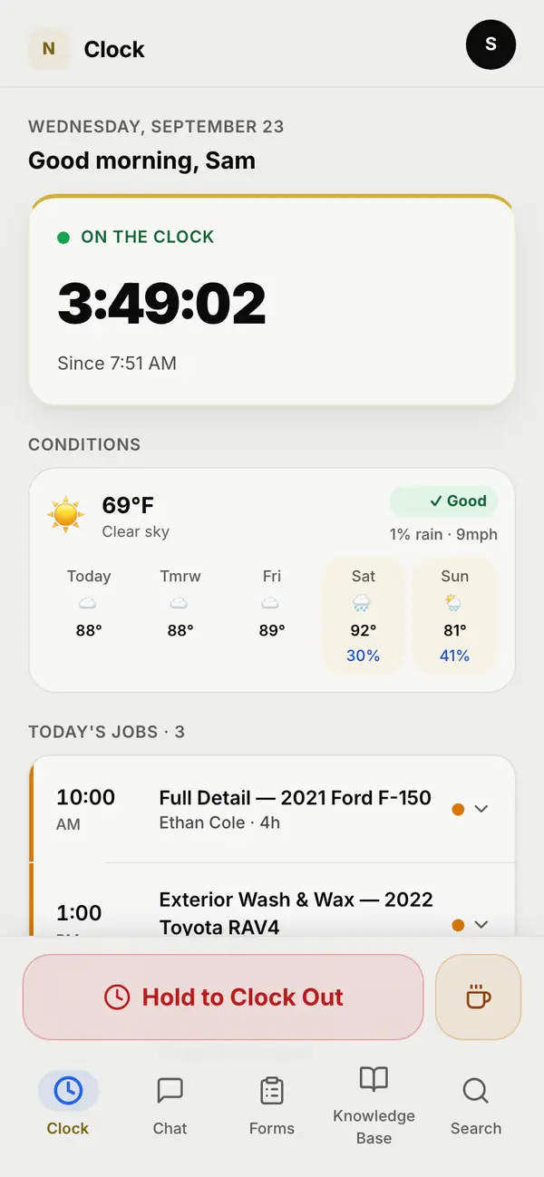 An employee's phone: on the clock since the morning, the day's weather, today's jobs and a hold-to-clock-out button.