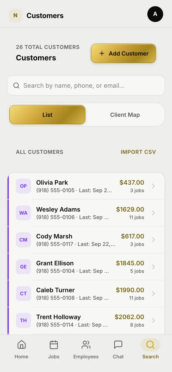 The customer list on a phone: each customer with their phone number, last visit, total spent and number of jobs.
