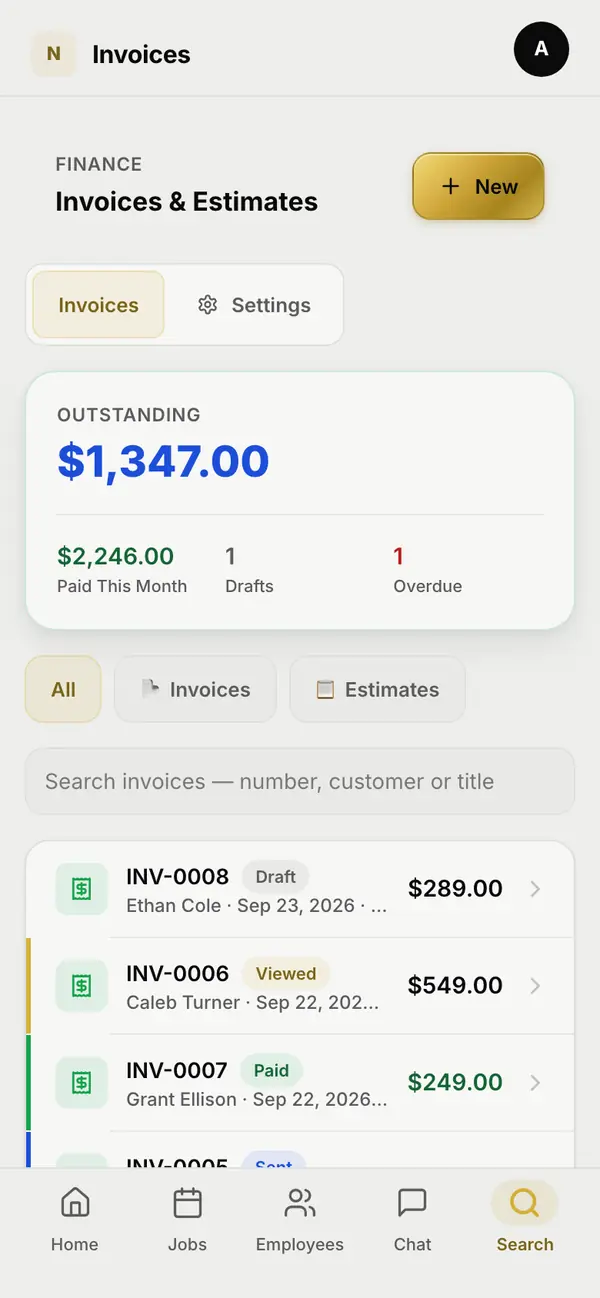 The invoices screen on a phone: the amount outstanding, what was paid this month, and each invoice with its status.