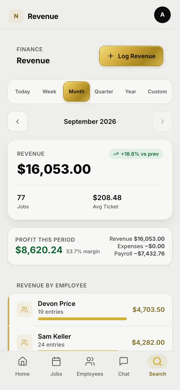 The revenue screen on a phone: the month's revenue, profit after expenses and payroll, and revenue by employee.