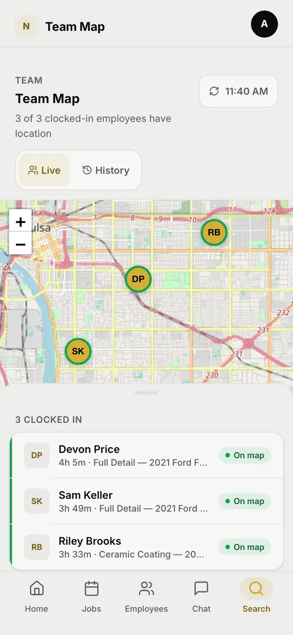 A map on a phone with a pin for each crew member who is clocked in, and below it how long each has been on the clock and the job each is on.