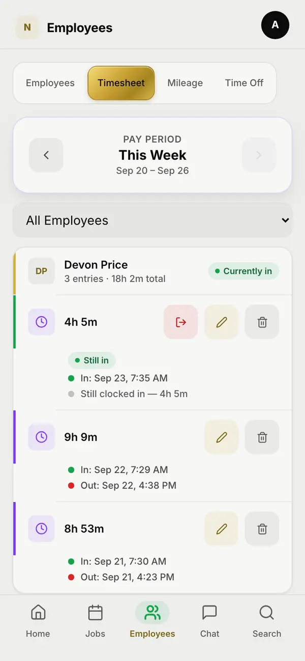 The timesheet on a phone: this week's pay period, one crew member's total hours, a shift still open, and each shift's clock-in and clock-out times.