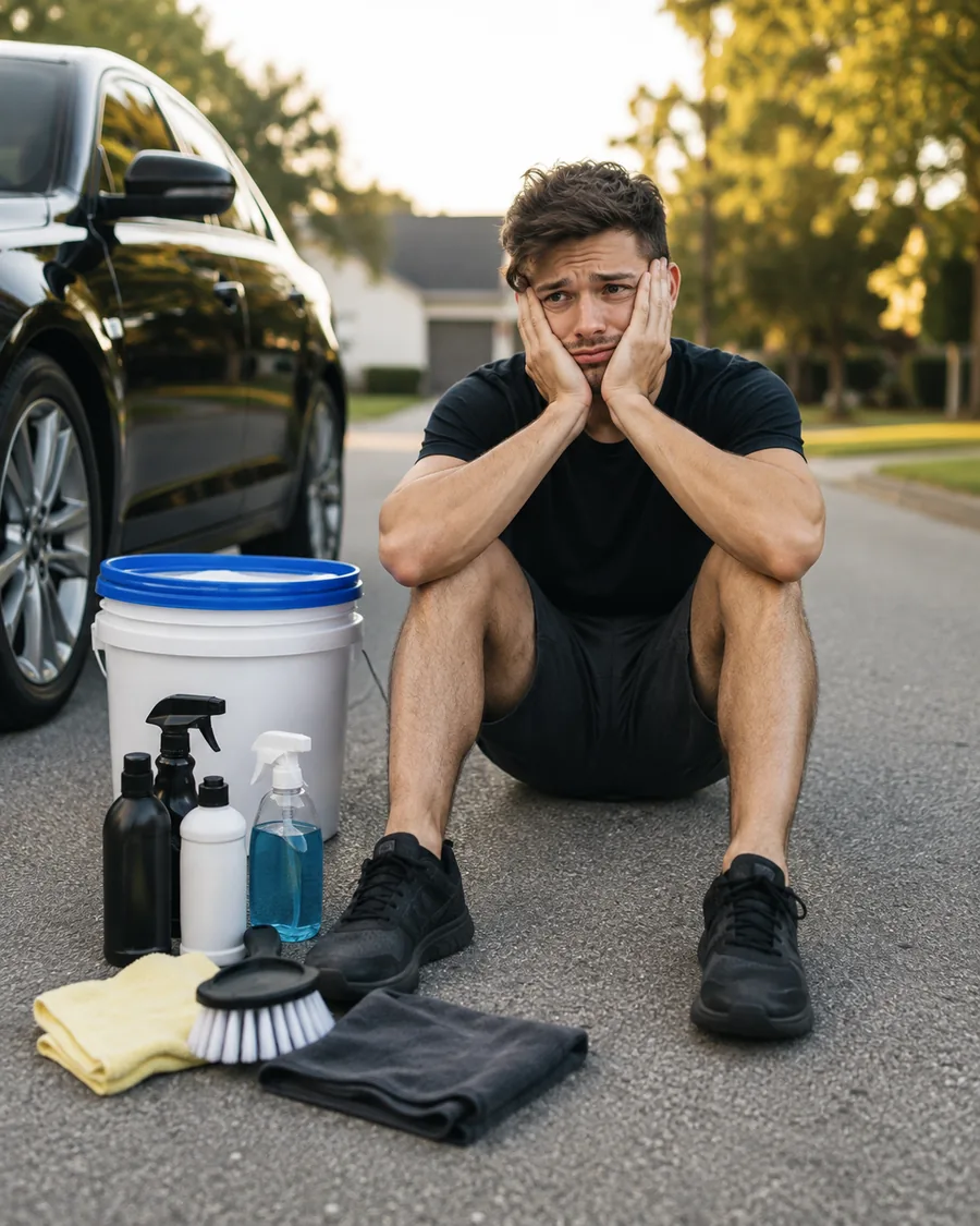 Someone sitting on the road beside a bucket and consumer car-care supplies, looking defeated — you don't have a detailing business yet