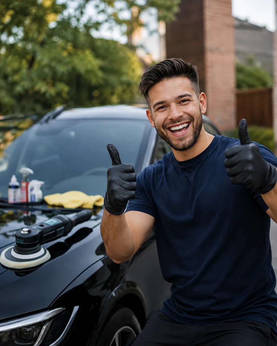 A detailer in gloves polishing a car bonnet, giving a thumbs up — you have a detailing business